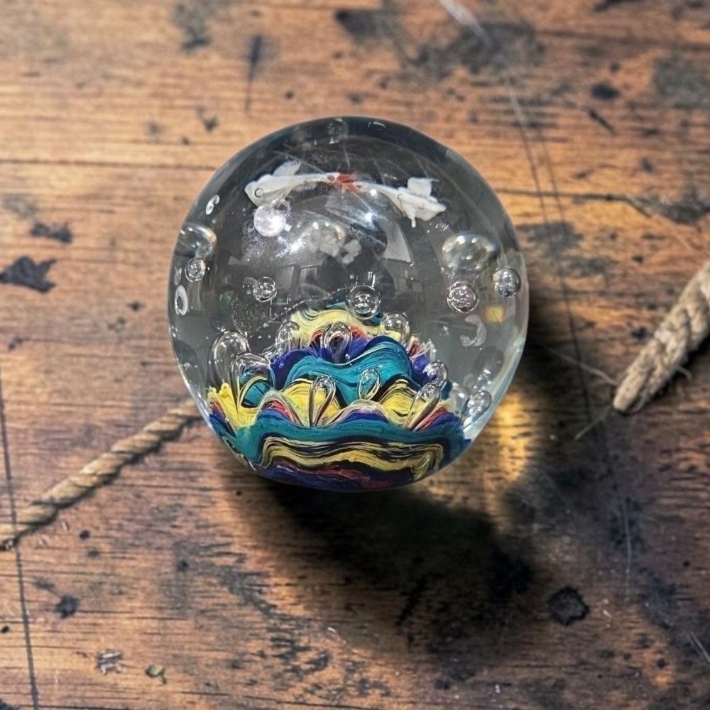 Nautical Controlled-Bubble Paperweight, Vintage Seagulls Art Glass, Ocean Accent